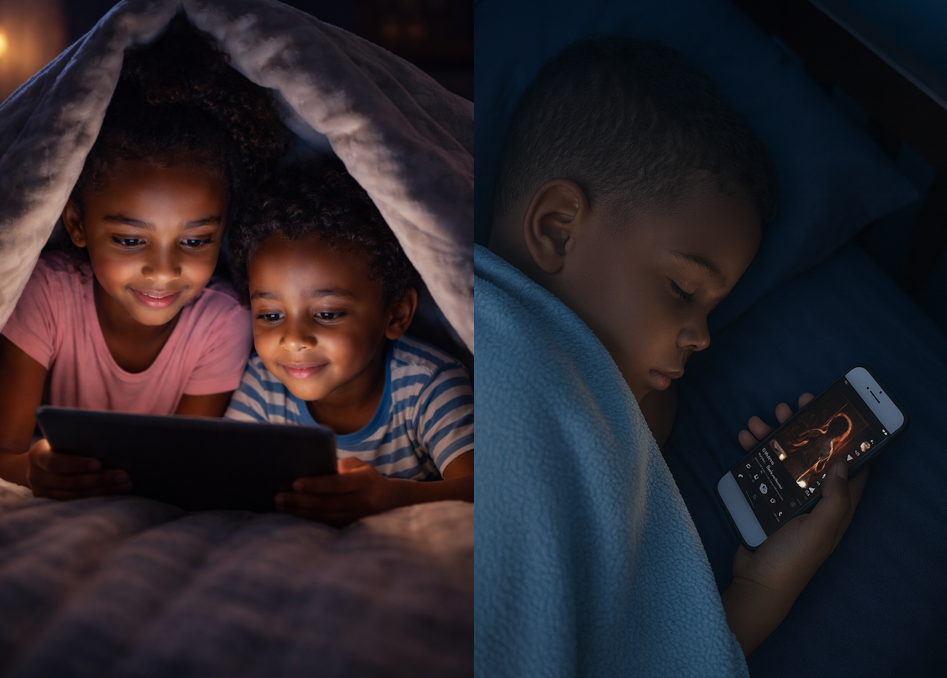 Child staring at a bright screen in a dark room